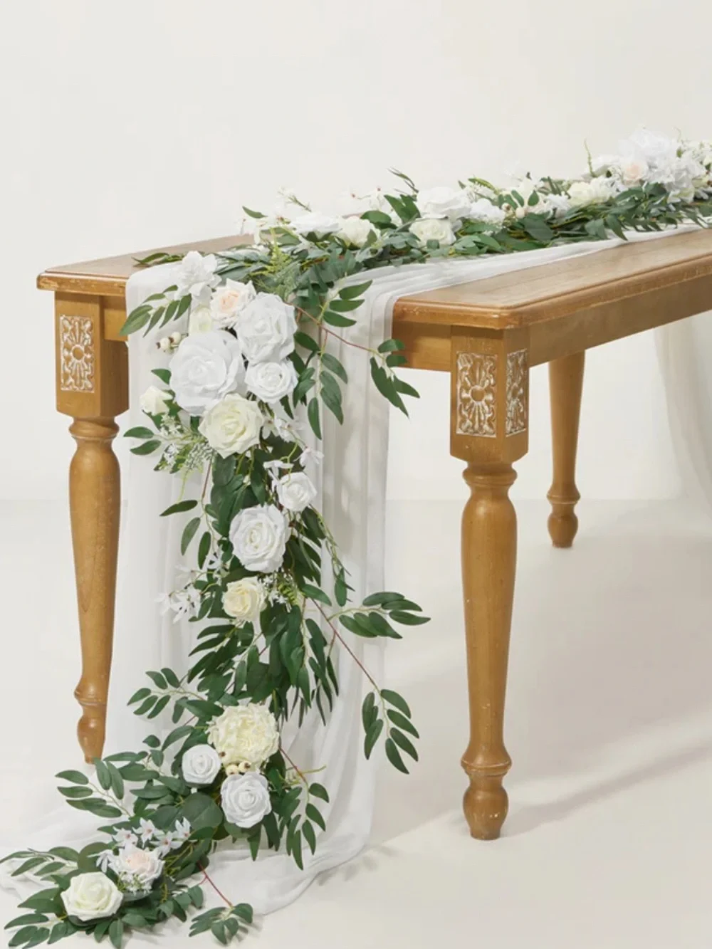 White Rose & Greenery Table Runner - Cascading Floral Garland
